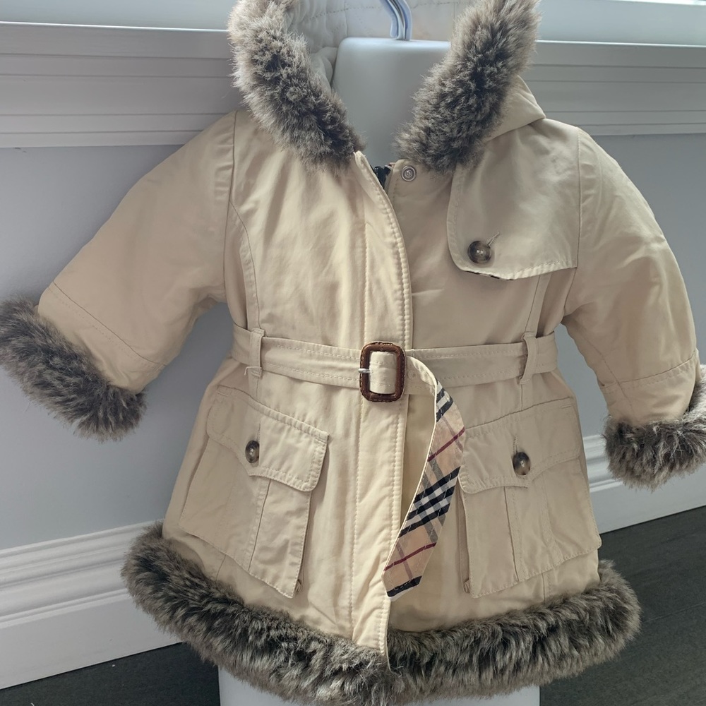 Authentic Burberry Coat for Baby Girl 6-9mo Cream Color with Fur trim all around